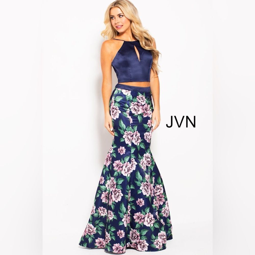 JVN by Jovani Navy Multi Floral Print Tow Piece Proms Dress 2